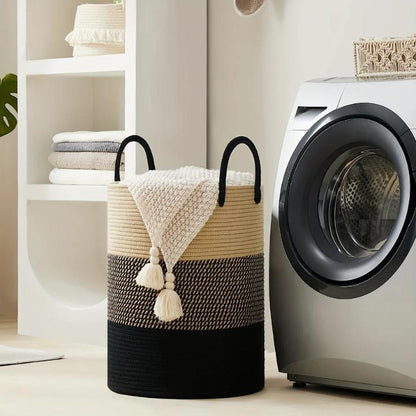 Collapsible laundry basket with a 58L capacity featuring a stylish woven cotton design in natural and black, ideal for laundry and toy storage. 6