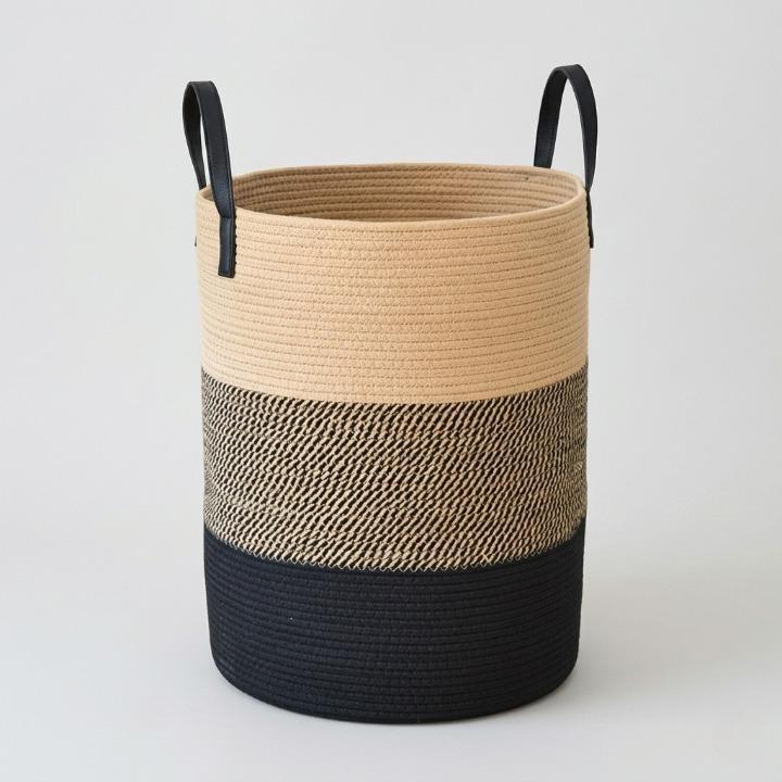 Collapsible laundry basket with a 58L capacity featuring a stylish woven cotton design in natural and black, ideal for laundry and toy storage. 8