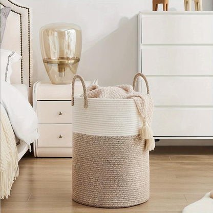 Collapsible laundry basket with a 58L capacity featuring a stylish woven cotton design in natural and black, ideal for laundry and toy storage. 4