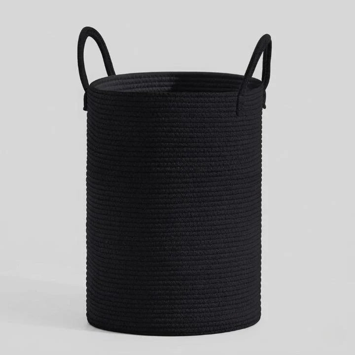 Collapsible laundry basket with a 58L capacity featuring a stylish woven cotton design in natural and black, ideal for laundry and toy storage. 10