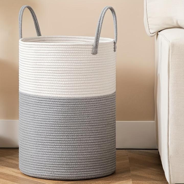 Collapsible laundry basket with a 58L capacity featuring a stylish woven cotton design in natural and black, ideal for laundry and toy storage. 3