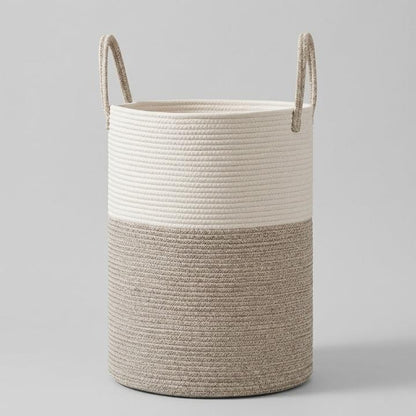 Collapsible laundry basket with a 58L capacity featuring a stylish woven cotton design in natural and black, ideal for laundry and toy storage. 0