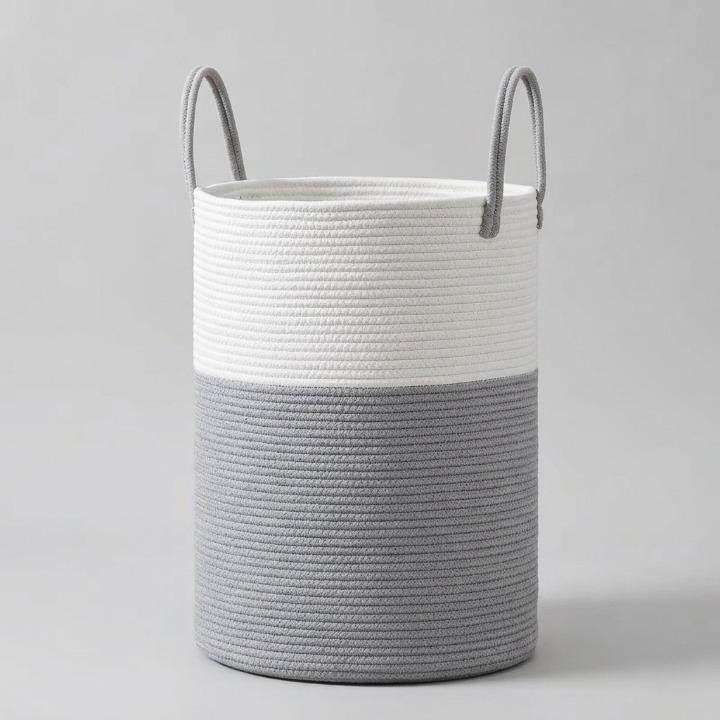 Collapsible laundry basket with a 58L capacity featuring a stylish woven cotton design in natural and black, ideal for laundry and toy storage. 7