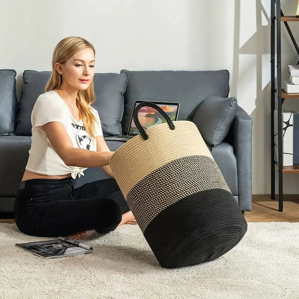 Collapsible laundry basket with a 58L capacity featuring a stylish woven cotton design in natural and black, ideal for laundry and toy storage. 1