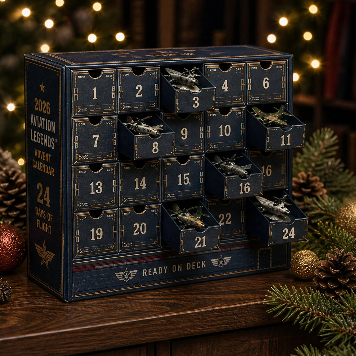 Collectible Aircraft Advent Calendar featuring 24 detailed miniatures in a Navy book-style design, perfect for Christmas countdown celebrations. 3