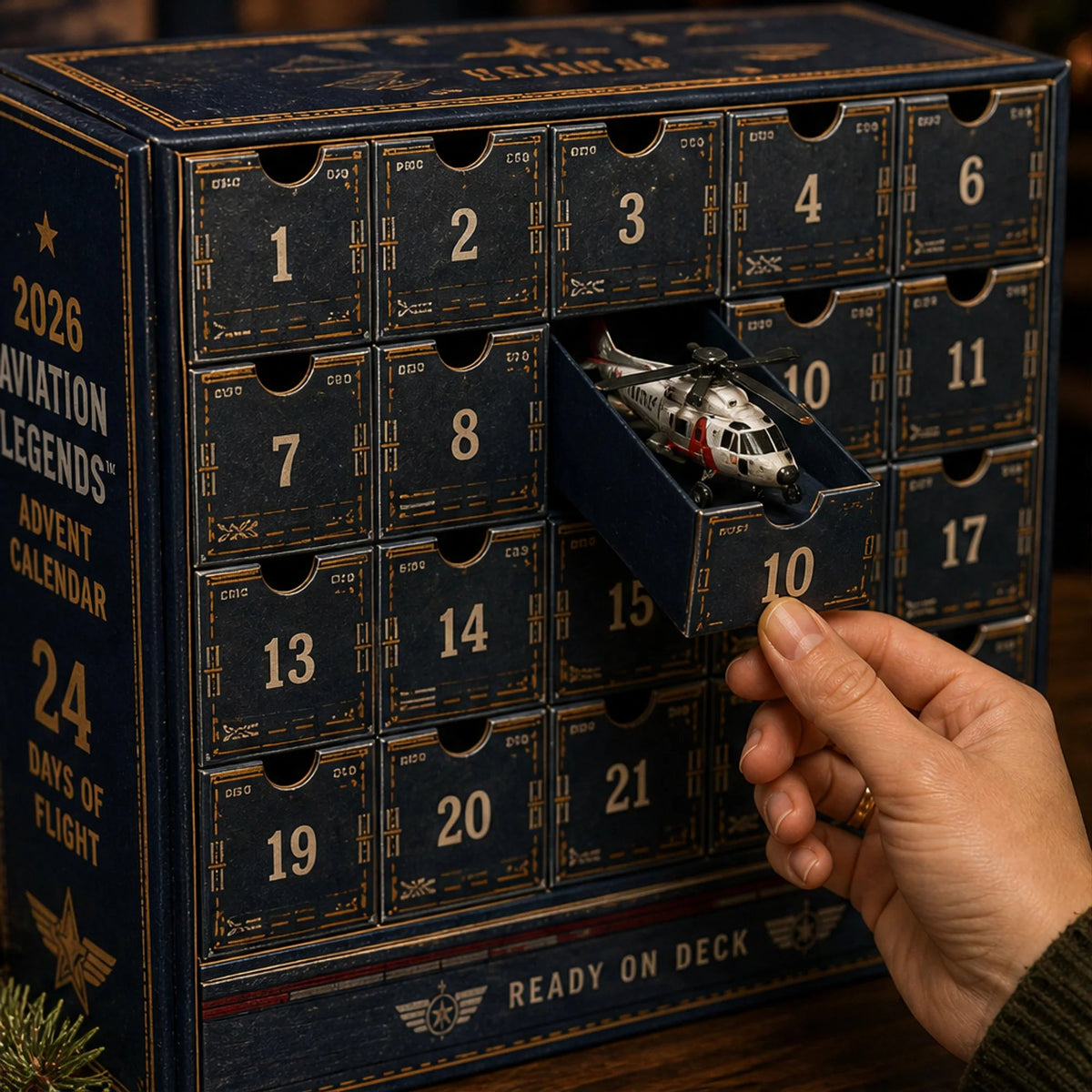 Collectible Aircraft Advent Calendar featuring 24 detailed miniatures in a Navy book-style design, perfect for Christmas countdown celebrations. 2