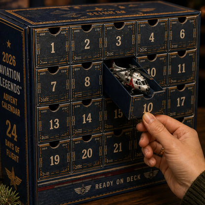 Collectible Aircraft Advent Calendar featuring 24 detailed miniatures in a Navy book-style design, perfect for Christmas countdown celebrations. 2