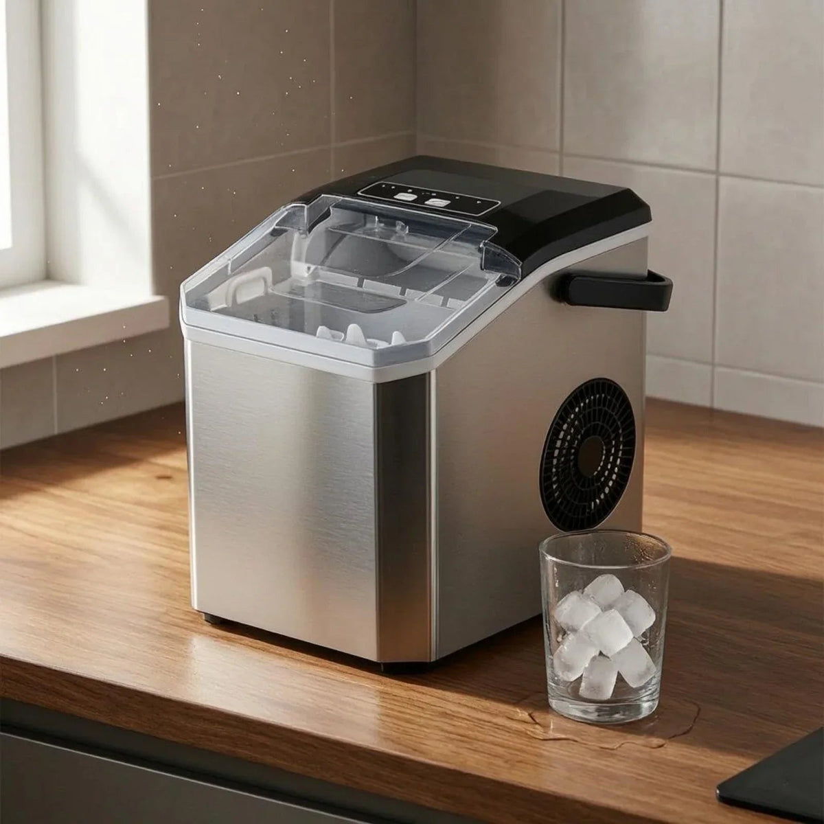 Compact Bullet Ice Maker with transparent lid, designed for home and office use, producing clear ice cubes efficiently on a sleek countertop. 6