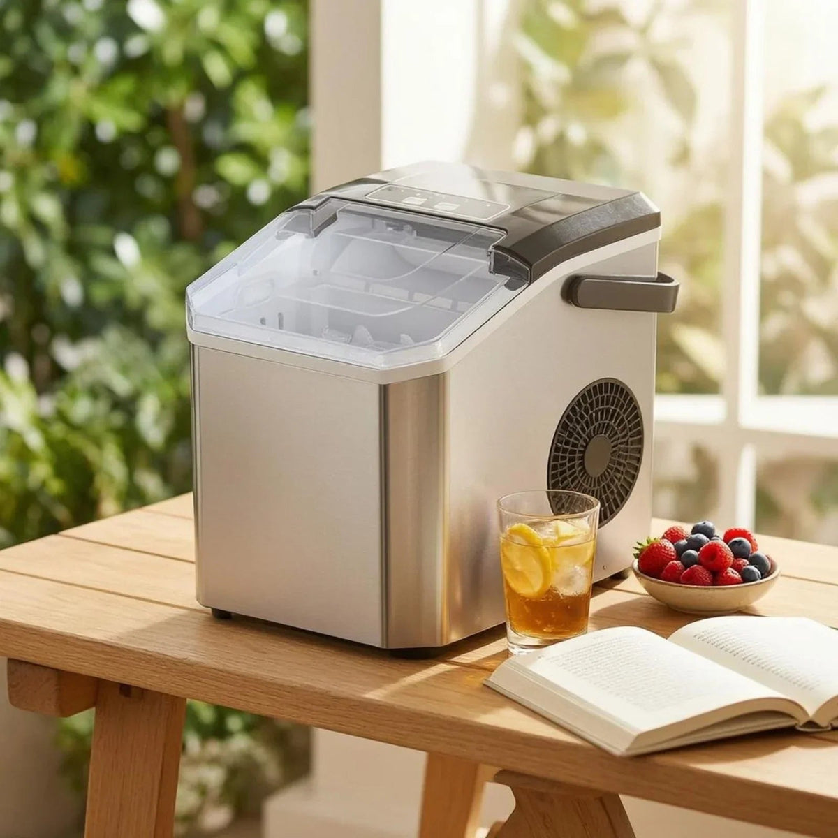 Compact Bullet Ice Maker with transparent lid, designed for home and office use, producing clear ice cubes efficiently on a sleek countertop. 7