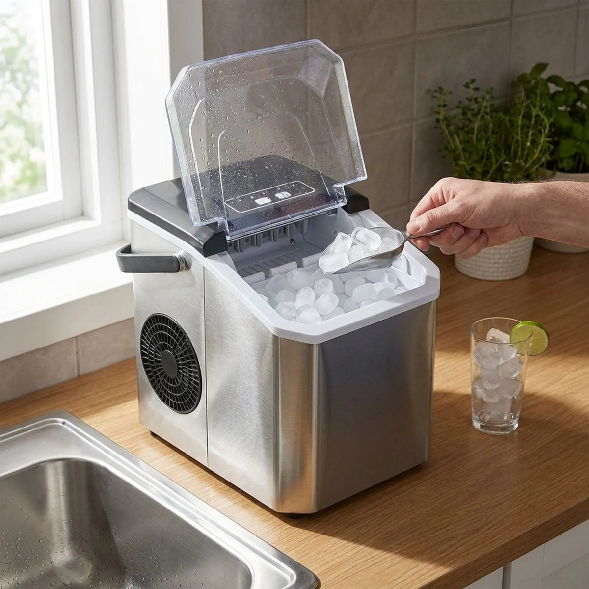 Compact Bullet Ice Maker with transparent lid, designed for home and office use, producing clear ice cubes efficiently on a sleek countertop. 1