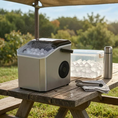 Compact Bullet Ice Maker with transparent lid, designed for home and office use, producing clear ice cubes efficiently on a sleek countertop. 5