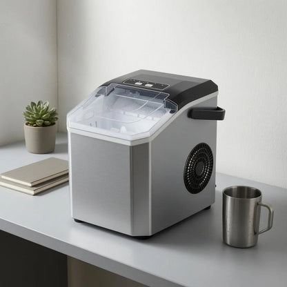Compact Bullet Ice Maker with transparent lid, designed for home and office use, producing clear ice cubes efficiently on a sleek countertop. 8
