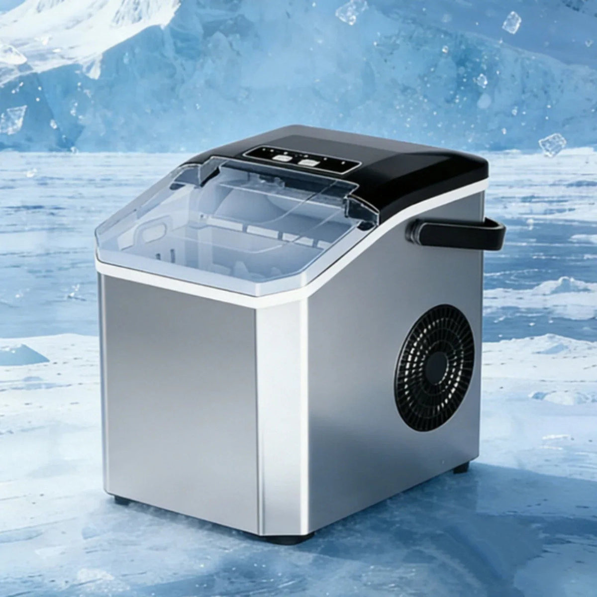 Compact Bullet Ice Maker with transparent lid, designed for home and office use, producing clear ice cubes efficiently on a sleek countertop. 4