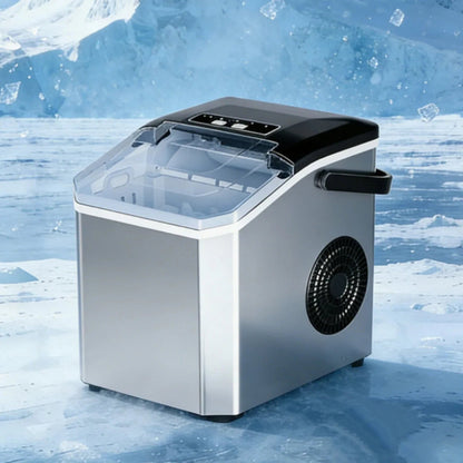 Compact Bullet Ice Maker with transparent lid, designed for home and office use, producing clear ice cubes efficiently on a sleek countertop. 4