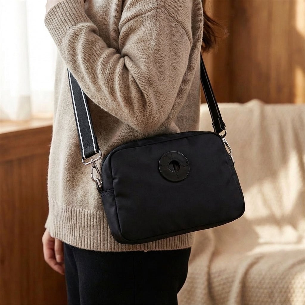 Compact Crossbody Bag with Water-Repellent Nylon and Adjustable Strap – Black Travel Bag for Women 0