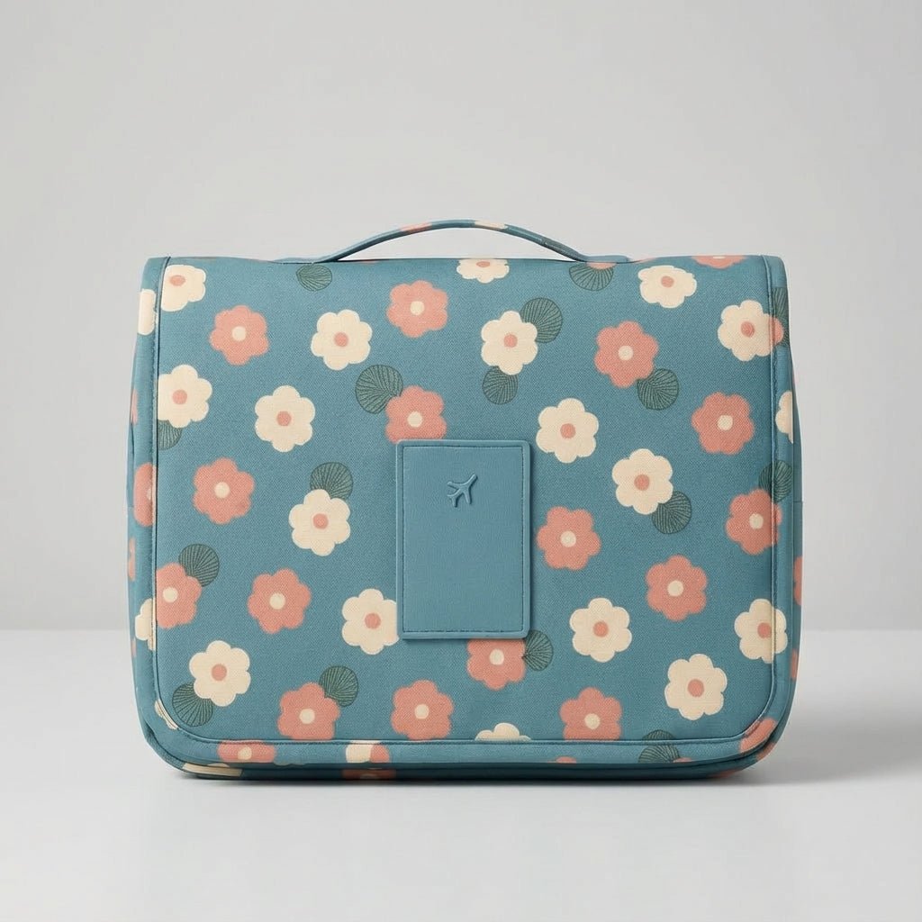 Compact hanging toiletry bag featuring a water-repellent surface and a vibrant floral print, designed as an organizer for women's travel essentials. 1