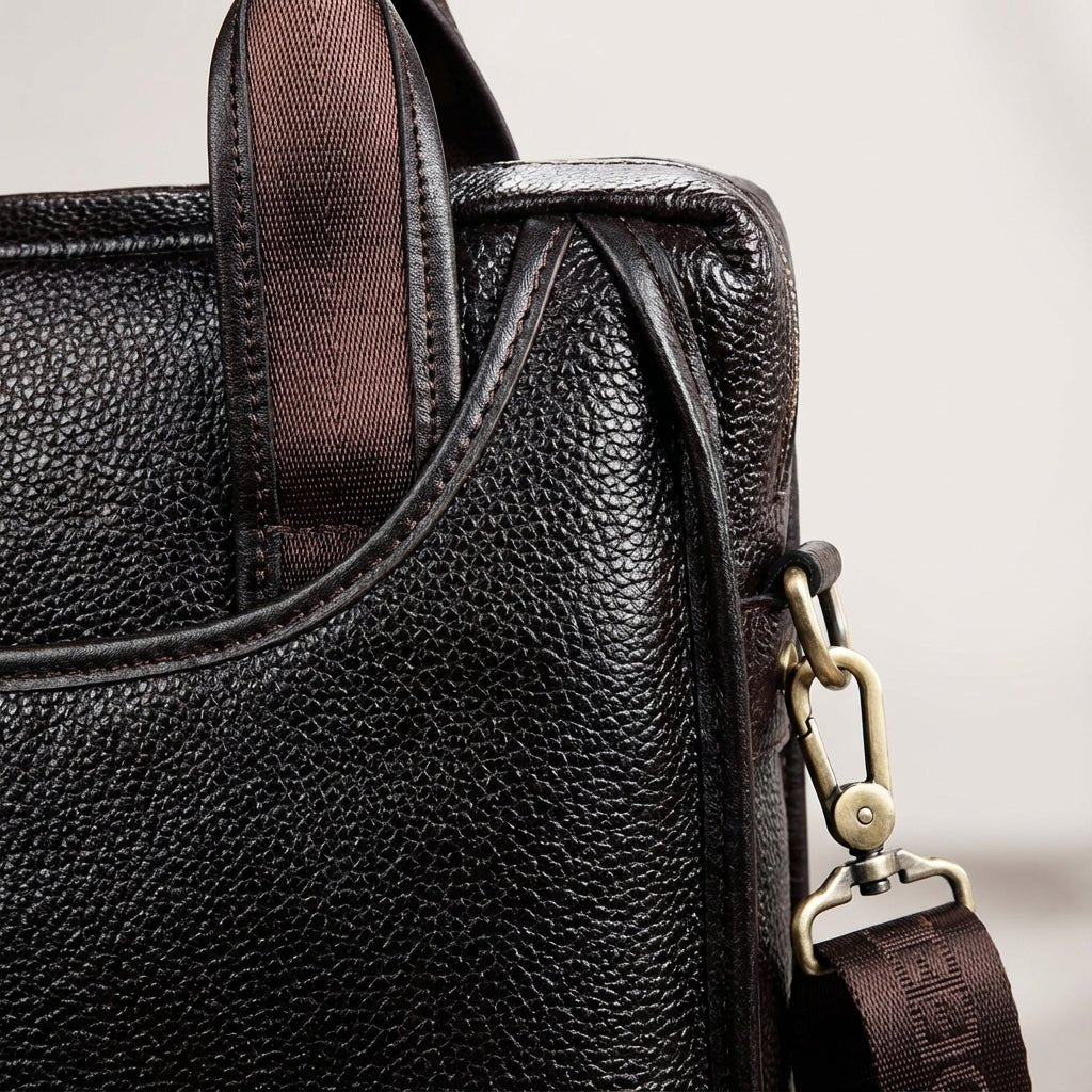 Compact brown leather shoulder bag made from genuine calf leather, featuring an adjustable strap for versatile wear. 2