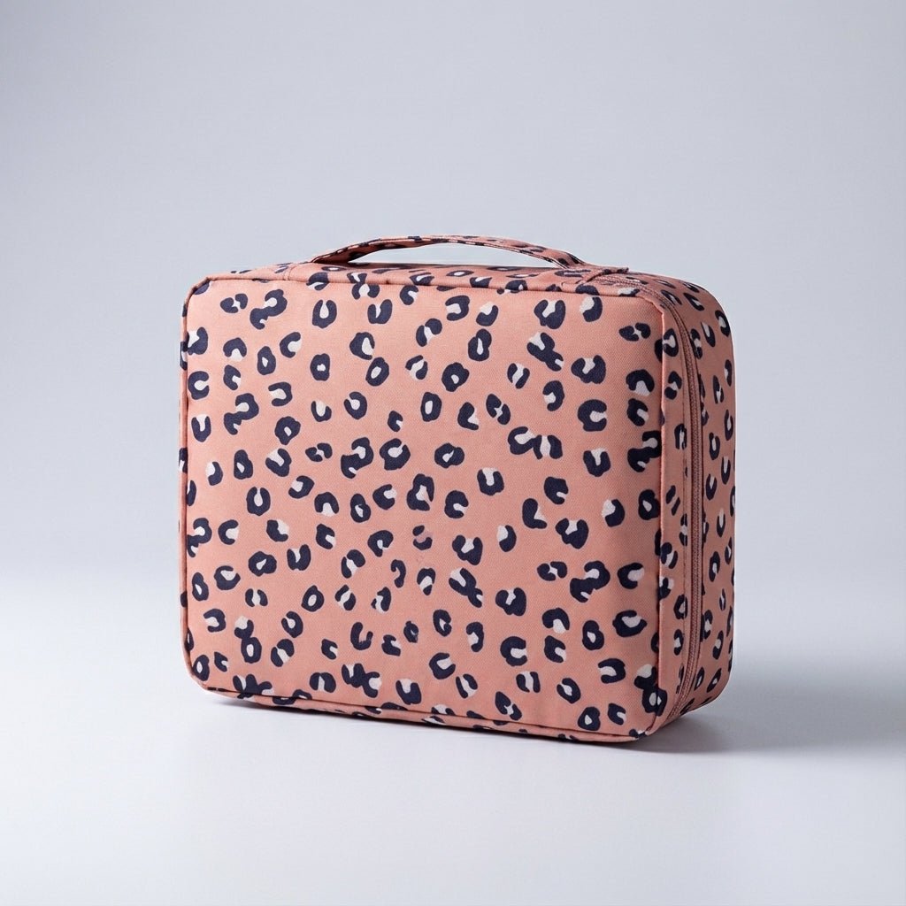 Compact makeup bag featuring waterproof fabric and multiple compartments for organized storage of cosmetics and beauty essentials. 0