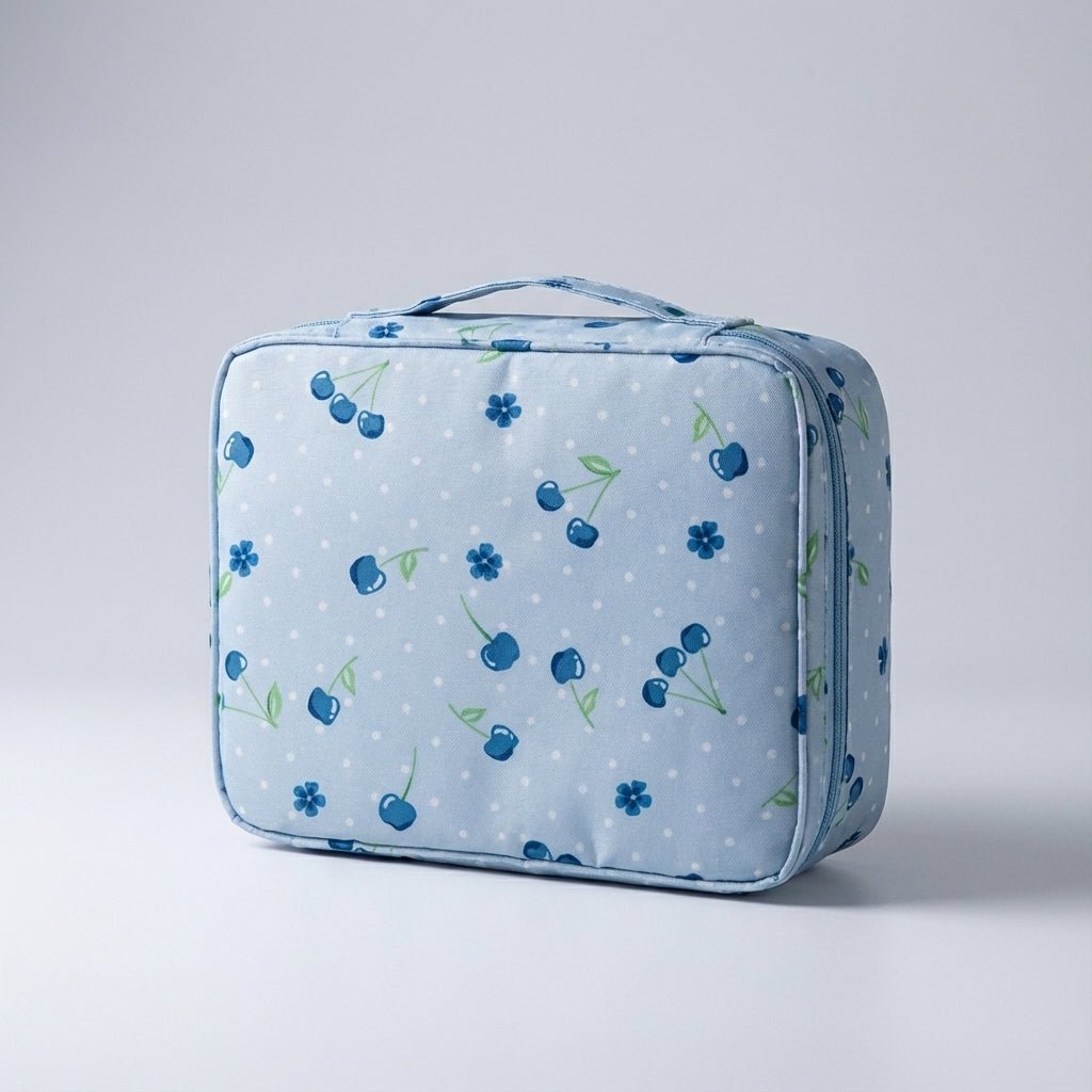 Compact makeup bag featuring waterproof fabric and multiple compartments for organized storage of cosmetics and beauty essentials. 10