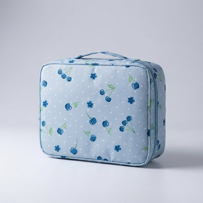 Compact makeup bag featuring waterproof fabric and multiple compartments for organized storage of cosmetics and beauty essentials. 10