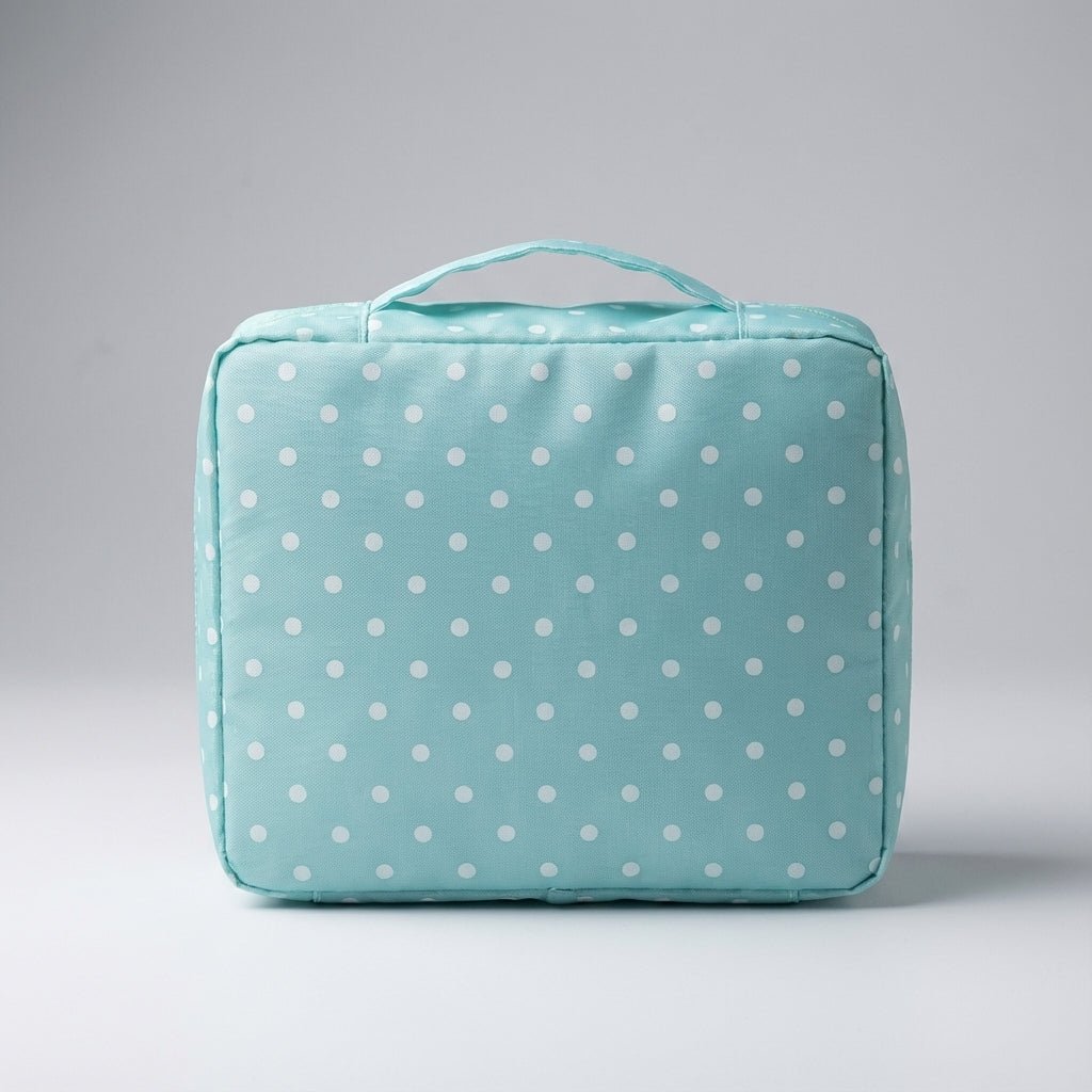 Compact makeup bag featuring waterproof fabric and multiple compartments for organized storage of cosmetics and beauty essentials. 2