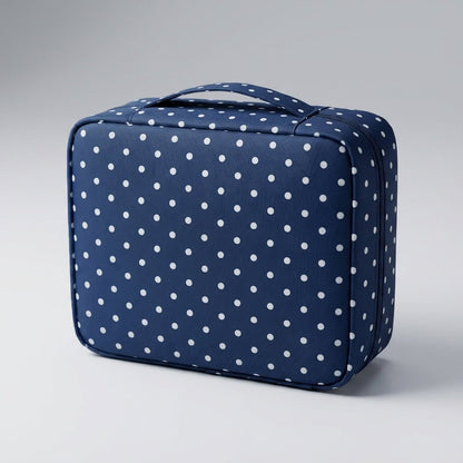 Compact makeup bag featuring waterproof fabric and multiple compartments for organized storage of cosmetics and beauty essentials. 12