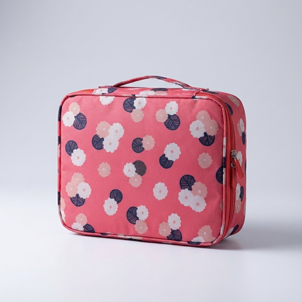 Compact makeup bag featuring waterproof fabric and multiple compartments for organized storage of cosmetics and beauty essentials. 9