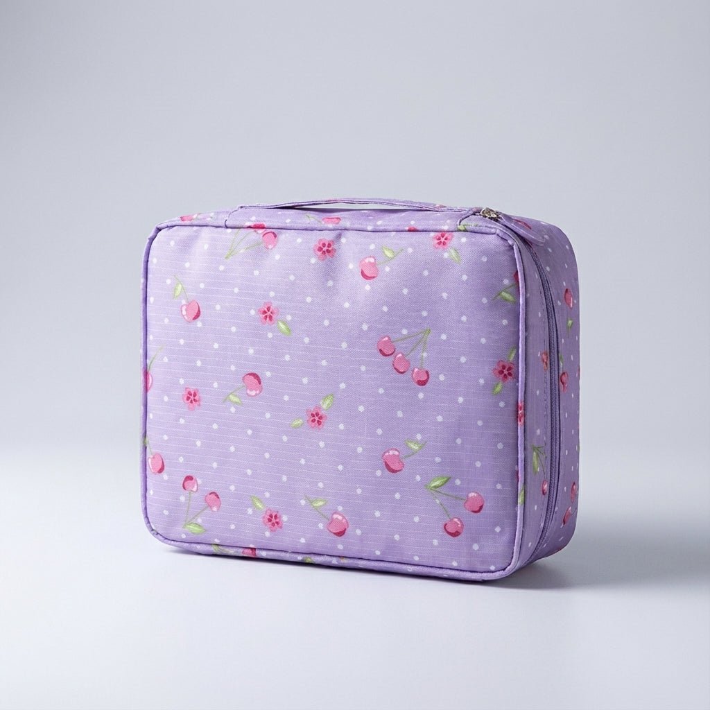 Compact makeup bag featuring waterproof fabric and multiple compartments for organized storage of cosmetics and beauty essentials. 11