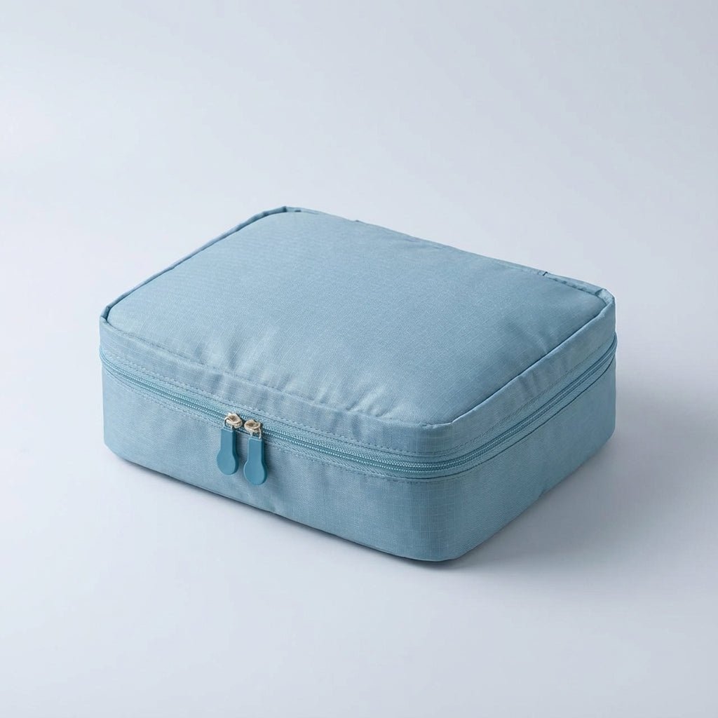 Compact makeup bag featuring waterproof fabric and multiple compartments for organized storage of cosmetics and beauty essentials. 6