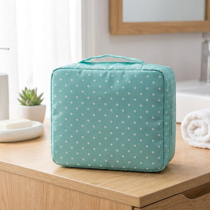 Compact makeup bag featuring waterproof fabric and multiple compartments for organized storage of cosmetics and beauty essentials. 1