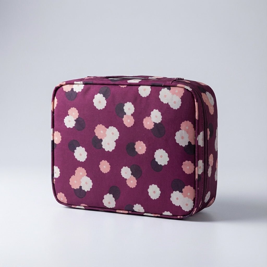 Compact makeup bag featuring waterproof fabric and multiple compartments for organized storage of cosmetics and beauty essentials. 8