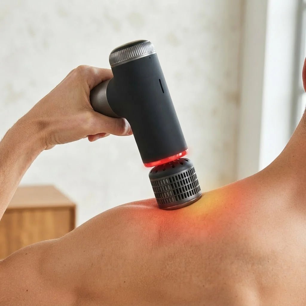 Compact massage gun featuring hot and cold therapy for deep tissue relief, designed for customizable intensity to enhance post-workout recovery. 0