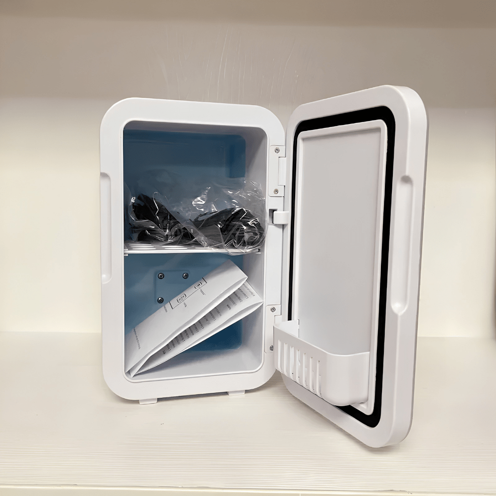 Compact mini fridge designed for skincare and snacks, perfect for bedroom and office use, featuring a sleek portable design and efficient cooling capabilities. 1