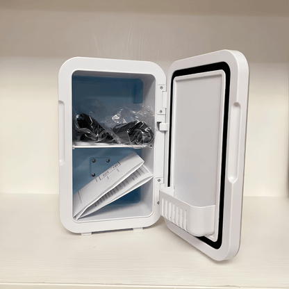Compact mini fridge designed for skincare and snacks, perfect for bedroom and office use, featuring a sleek portable design and efficient cooling capabilities. 1