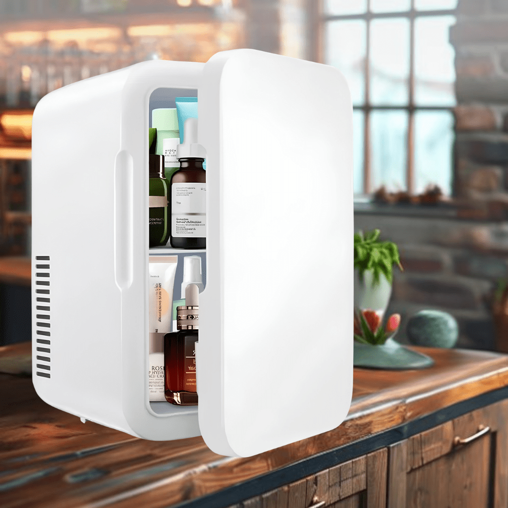 Compact mini fridge designed for skincare and snacks, perfect for bedroom and office use, featuring a sleek portable design and efficient cooling capabilities. 0