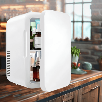 Compact mini fridge designed for skincare and snacks, perfect for bedroom and office use, featuring a sleek portable design and efficient cooling capabilities. 0