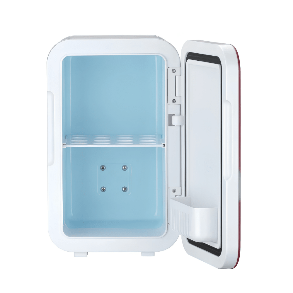 Compact mini fridge designed for skincare and snacks, perfect for bedroom and office use, featuring a sleek portable design and efficient cooling capabilities. 2
