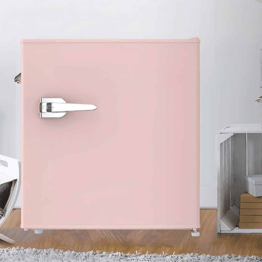 Compact mini fridge with adjustable thermostat and sleek glass door, perfect for storing beverages; portable design in white color ideal for home, office, or travel use 0