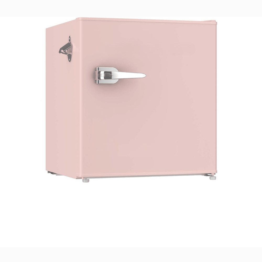Compact mini fridge with adjustable thermostat and sleek glass door, perfect for storing beverages; portable design in white color ideal for home, office, or travel use 4