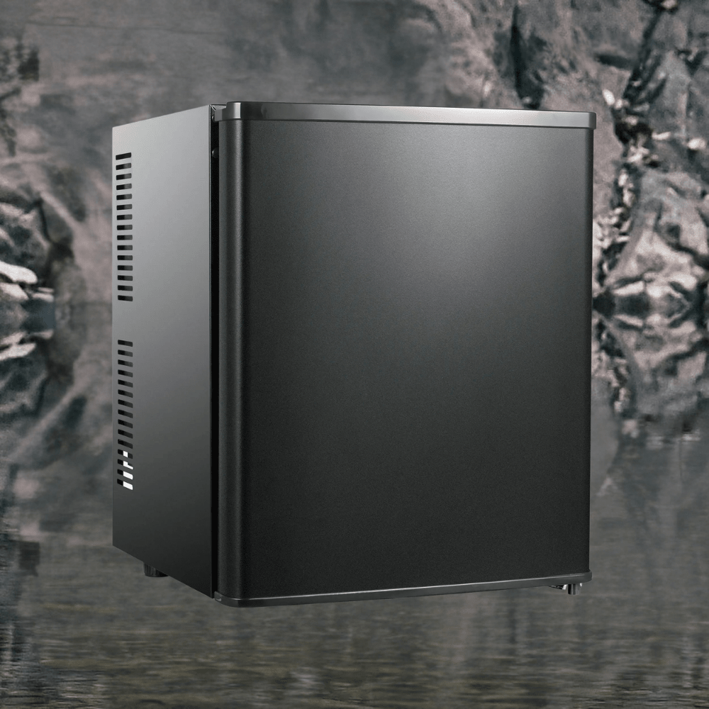 Compact mini fridge with auto-defrost feature, designed for bedrooms, showcasing a sleek black solid door, perfect for storing beverages and snacks. 0