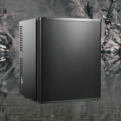 Compact mini fridge with auto-defrost feature, designed for bedrooms, showcasing a sleek black solid door, perfect for storing beverages and snacks. 0