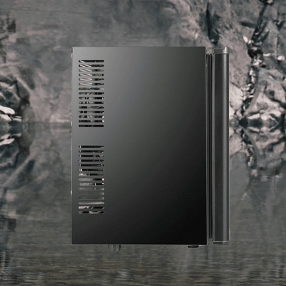 Compact mini fridge with auto-defrost feature, designed for bedrooms, showcasing a sleek black solid door, perfect for storing beverages and snacks. 2