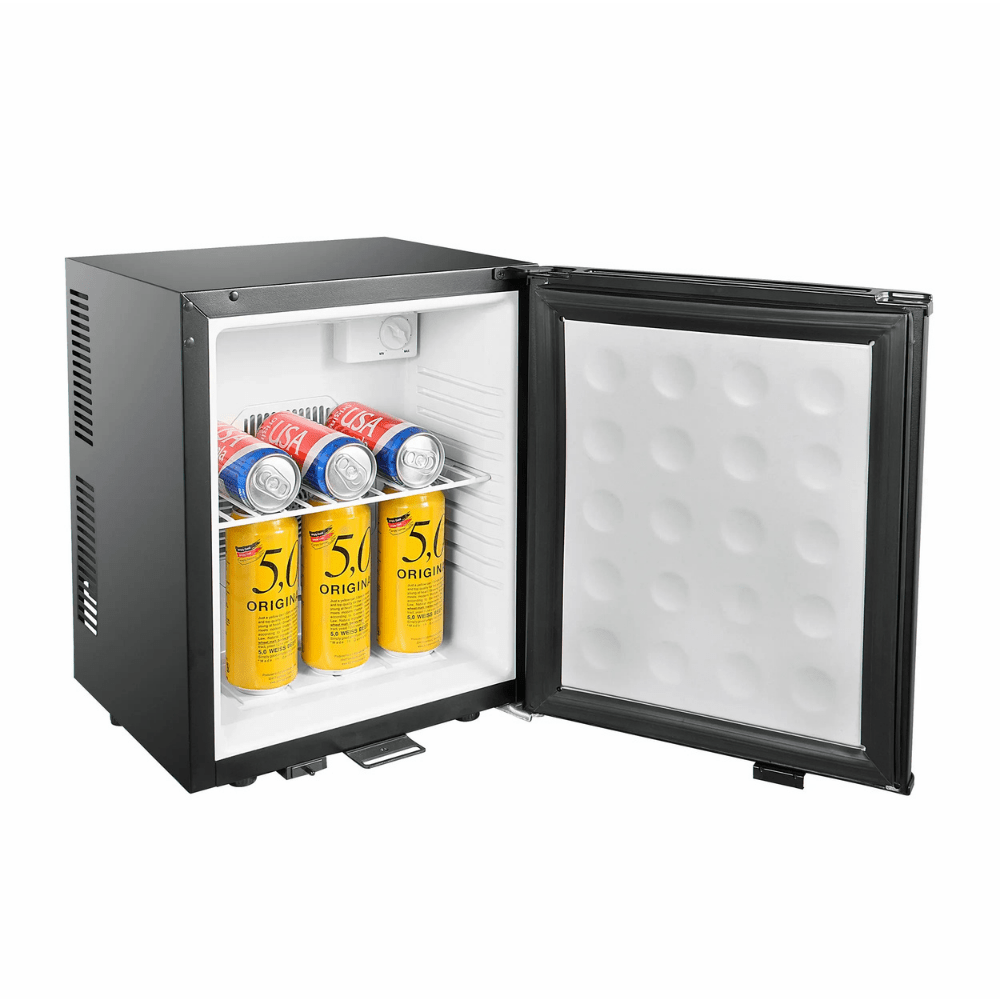 Compact mini fridge with auto-defrost feature, designed for bedrooms, showcasing a sleek black solid door, perfect for storing beverages and snacks. 3