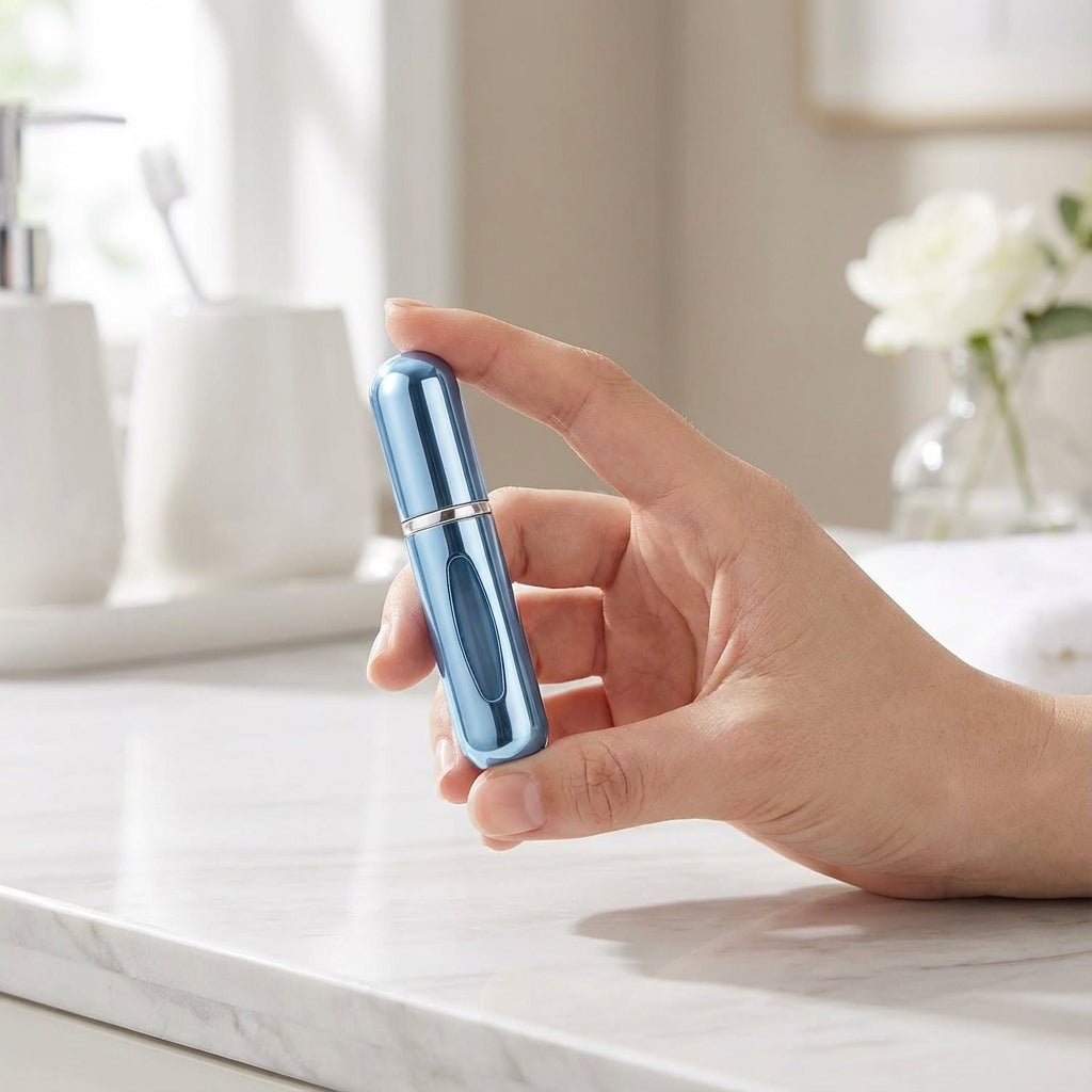 Compact refillable perfume atomizer set of 4 in sleek aluminum design, featuring leak-resistant pumps and a travel-friendly size of 5ml each, 1