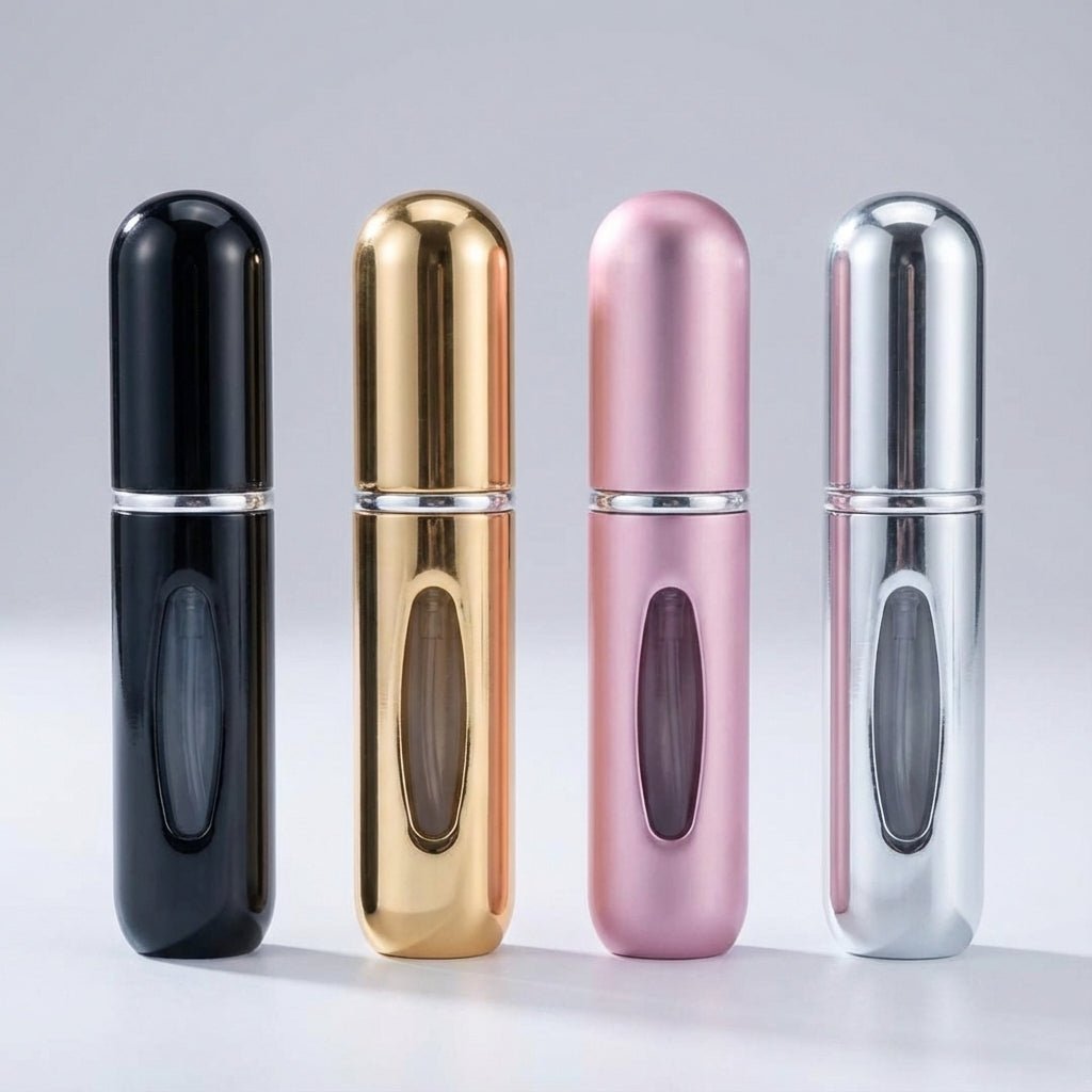 Compact refillable perfume atomizer set of 4 in sleek aluminum design, featuring leak-resistant pumps and a travel-friendly size of 5ml each, 6