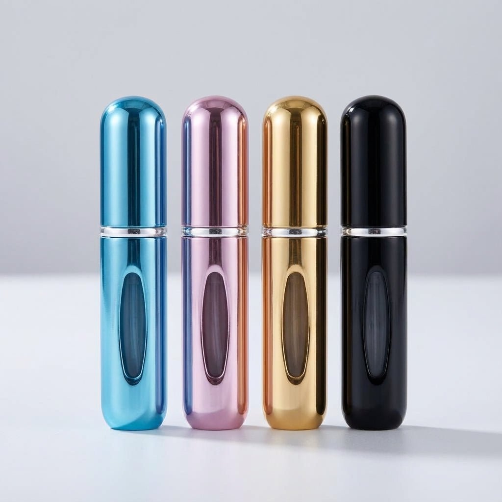 Compact refillable perfume atomizer set of 4 in sleek aluminum design, featuring leak-resistant pumps and a travel-friendly size of 5ml each, 0