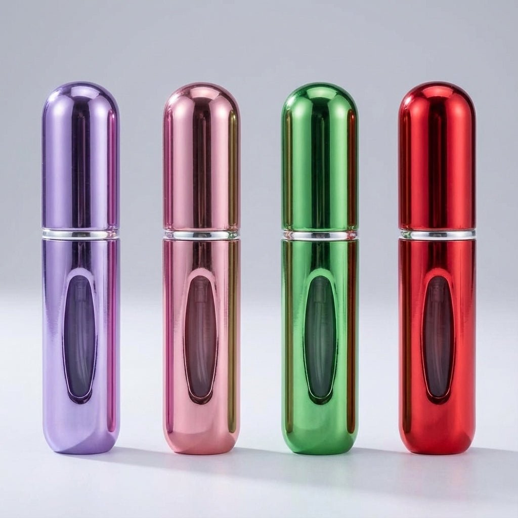 Compact refillable perfume atomizer set of 4 in sleek aluminum design, featuring leak-resistant pumps and a travel-friendly size of 5ml each, 5