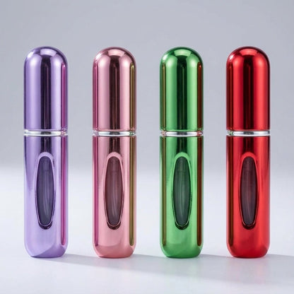 Compact refillable perfume atomizer set of 4 in sleek aluminum design, featuring leak-resistant pumps and a travel-friendly size of 5ml each, 5