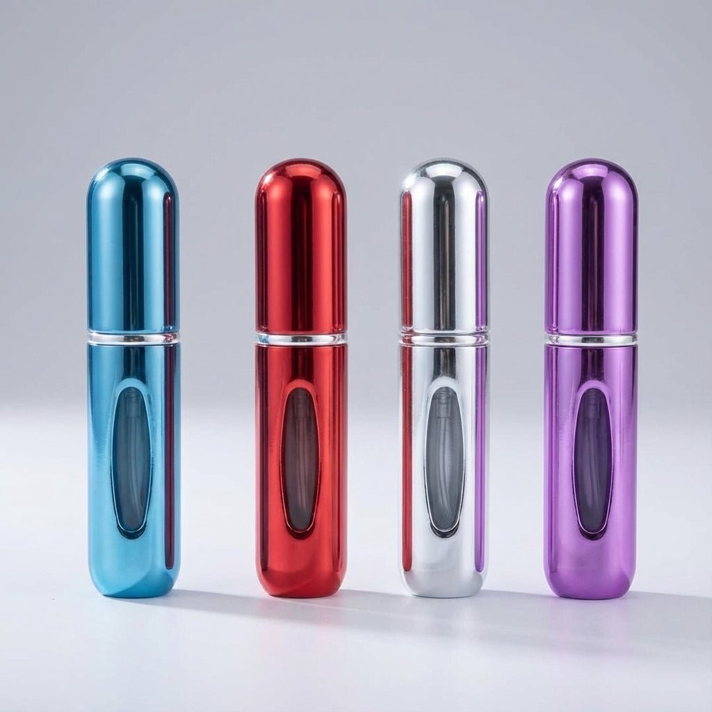 Compact refillable perfume atomizer set of 4 in sleek aluminum design, featuring leak-resistant pumps and a travel-friendly size of 5ml each, 4