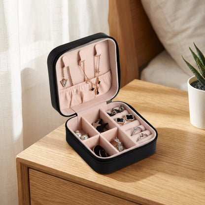 Compact travel jewelry box featuring a soft leather finish, designed for lightweight portability and protective storage of jewelry items. 1